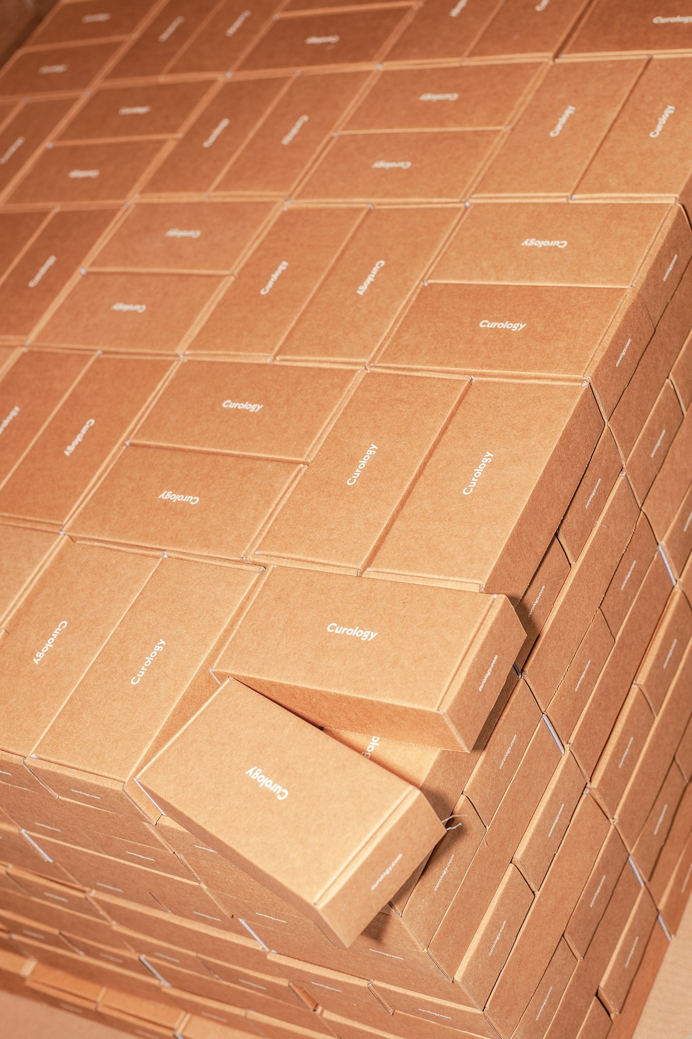 Stacks of branded product packaging
