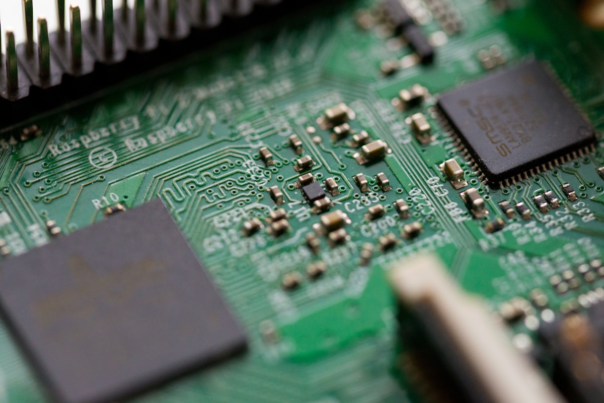 Close-up of a circuit board with surface-mount chips